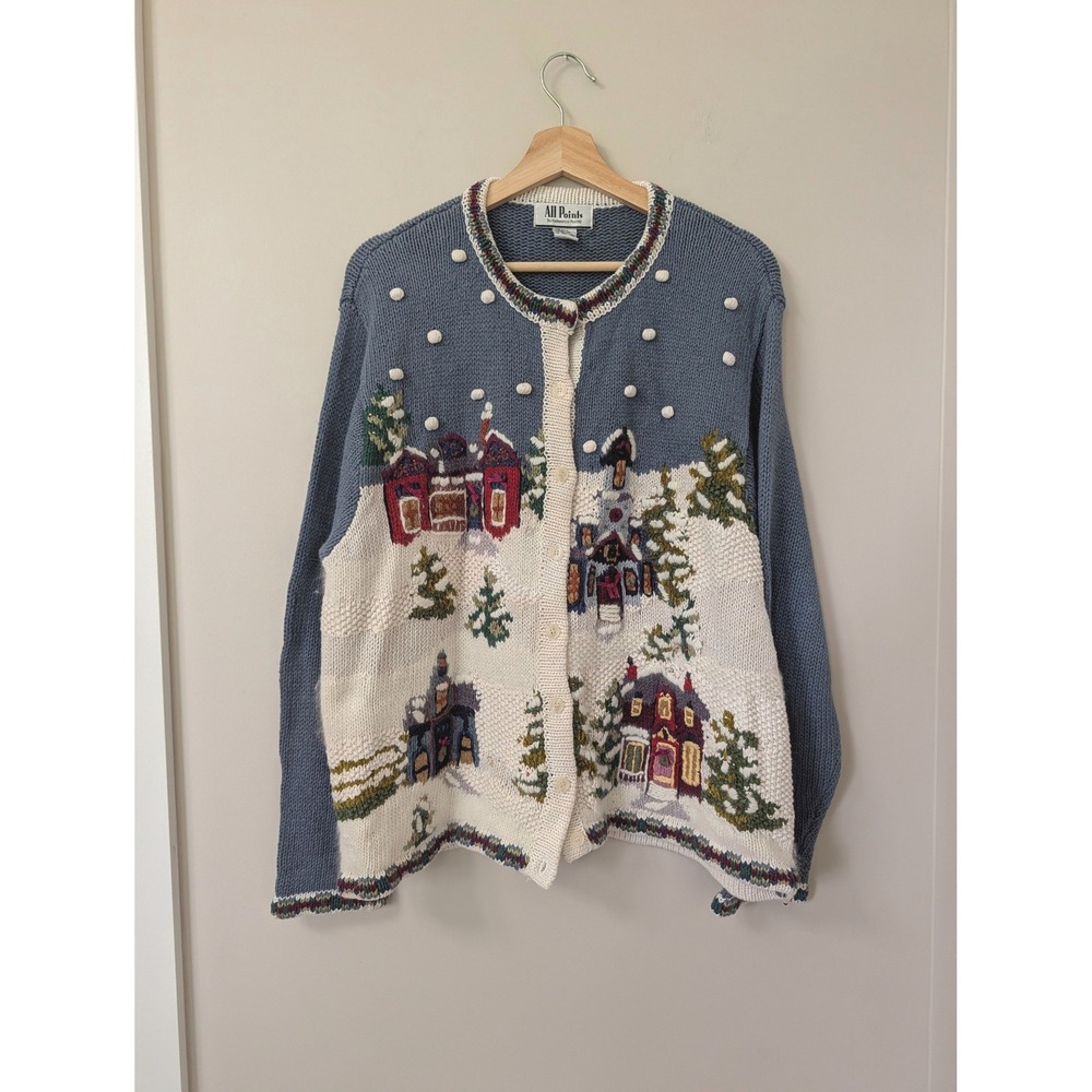 Vintage 90s Winter Village Cardigan Sweater Blue White Pom Pom XL